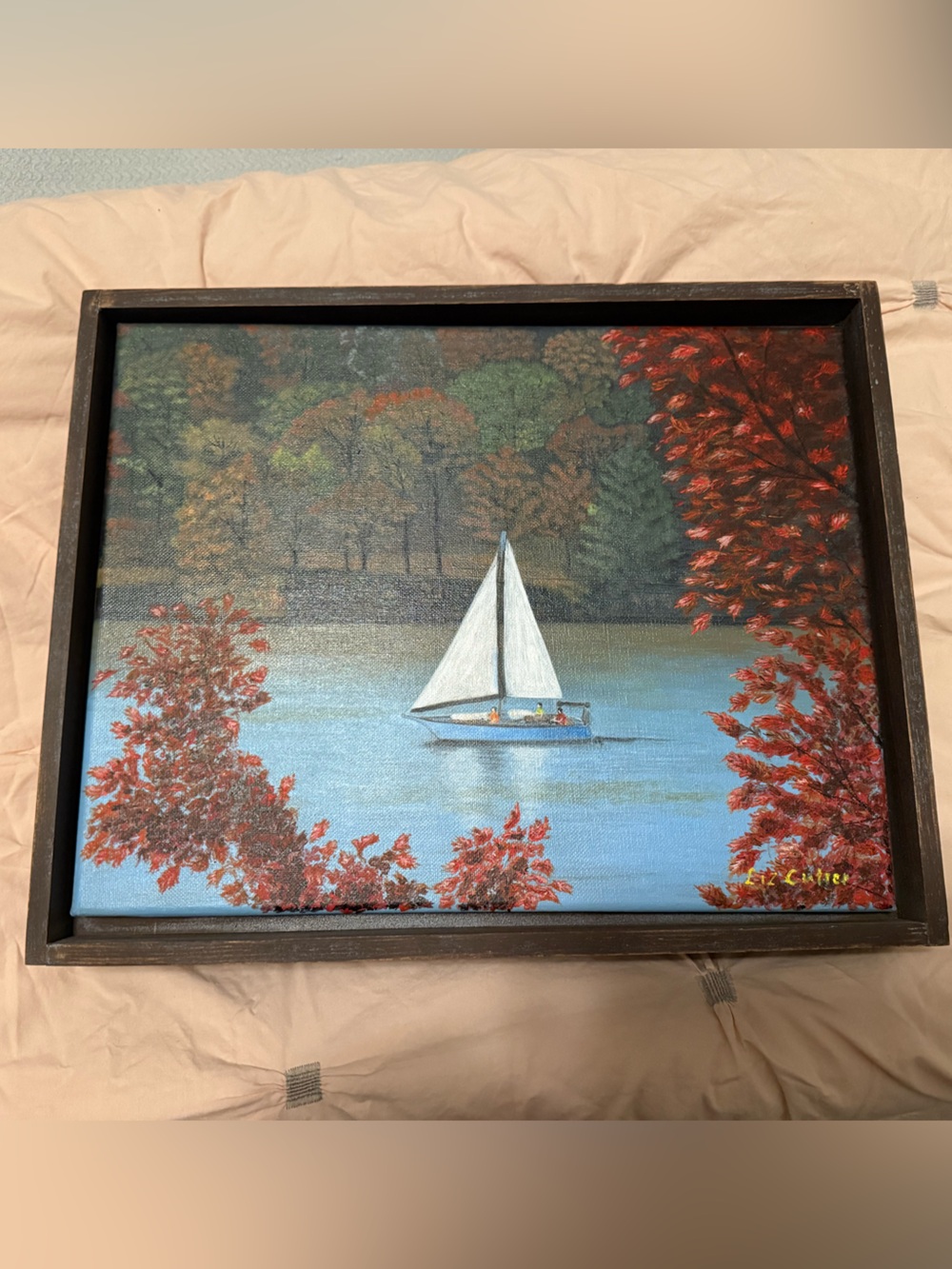 Framed Autumn Lake Sailboat Wall Art - White Sail, Red Foliage